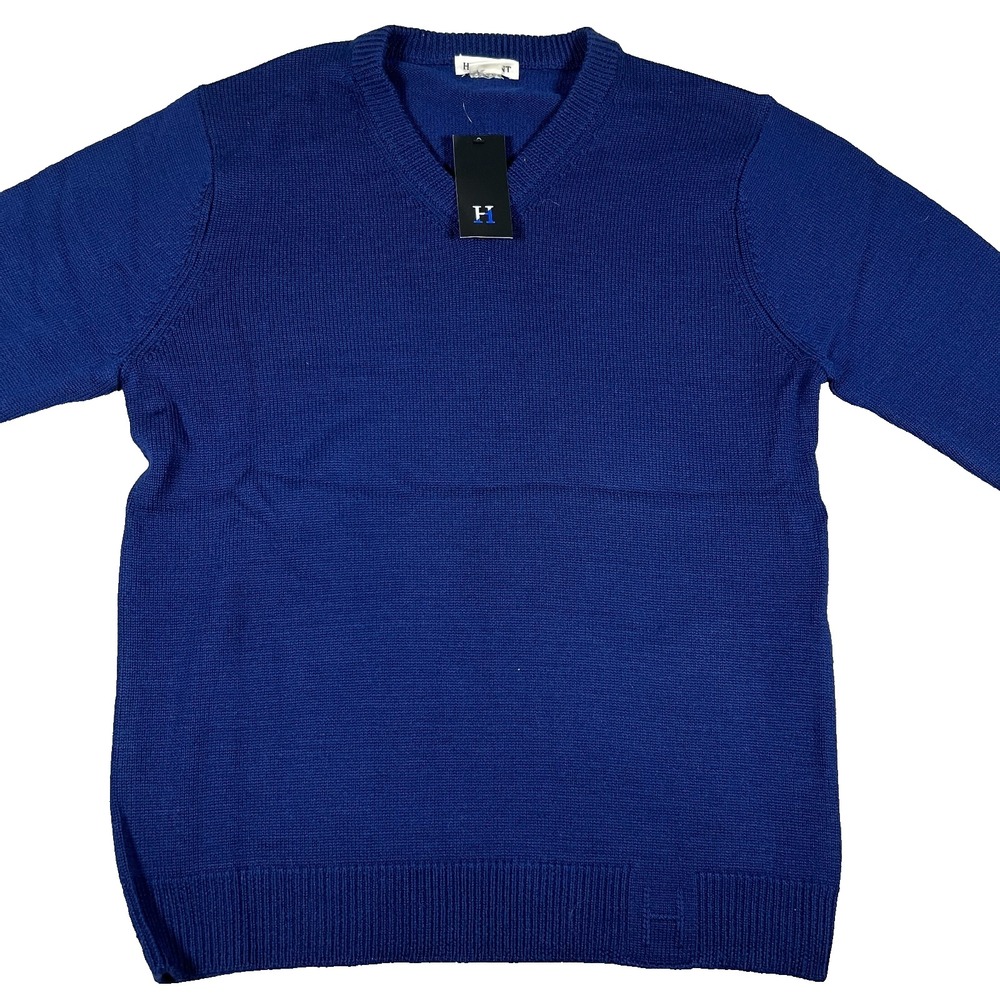 Hillflint Mens Large Blue Wool V-Neck Long‎ Sleeve Knit Pullover Sweater NWT